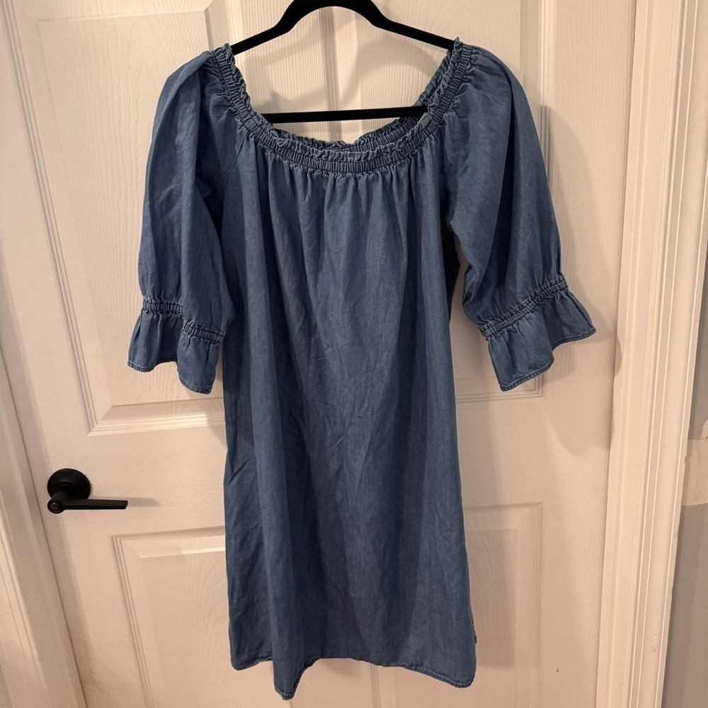 Speed Control Denim Mini Shirt Dress Sz 1X Ruffle Sleeves Off‎ Shoulder Chambray